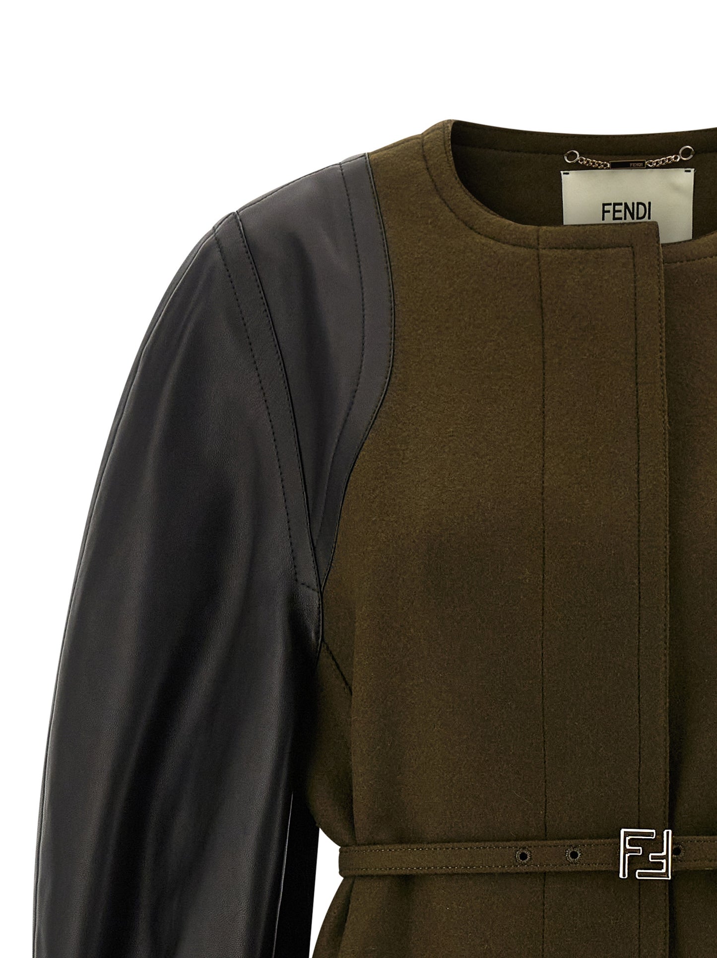Trench Coat by Fendi for women in viscose wool & leather bicolour & green presents an sculptural silhouette, artfully detailed with a sculptural and functional pockets for a truly sculptural finish.