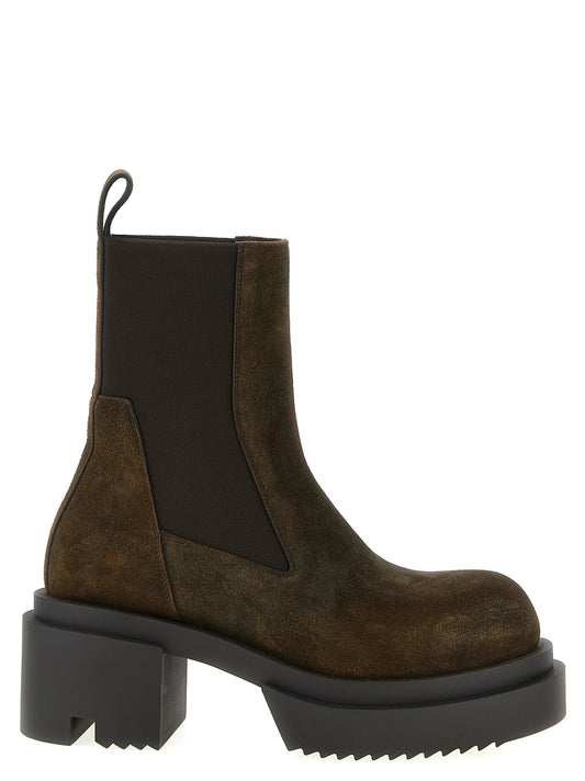 Platform Ankle Chelsea Strap Boots by Rick Owens for women in suede leather & fur brown features an avant-garde Women's Suede Leather & Fur Platform Ankle Chelsea Strap Boots silhouette, defined by a sophisticated platform and a avant-garde .
