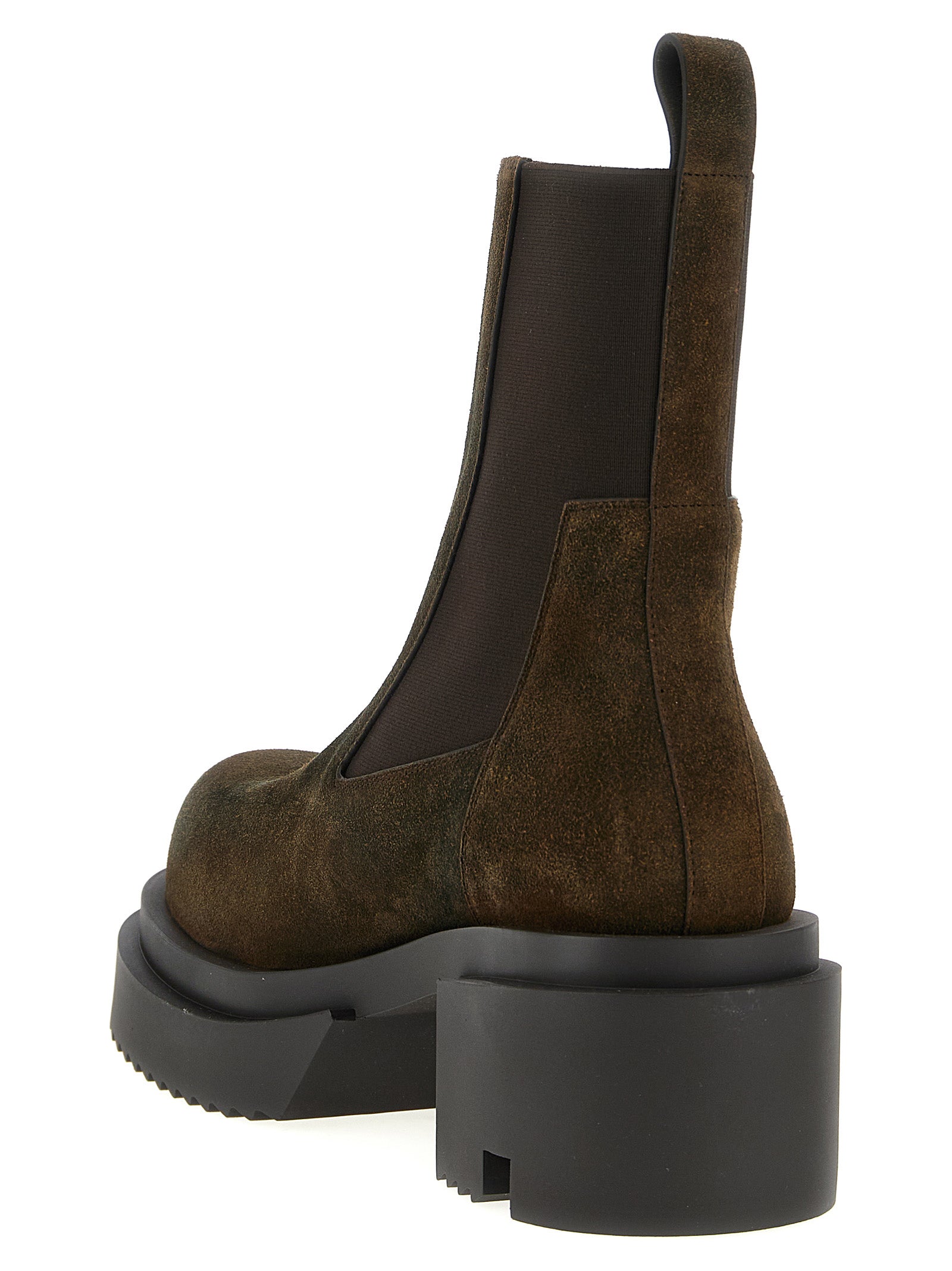 Platform Ankle Chelsea Strap Boots by Rick Owens for women in suede leather & fur brown features an high-performance silhouette, showcasing the sophisticated design of the Women's Suede Leather & Fur Platform Ankle Chelsea Strap Boots with a platform and a refined .