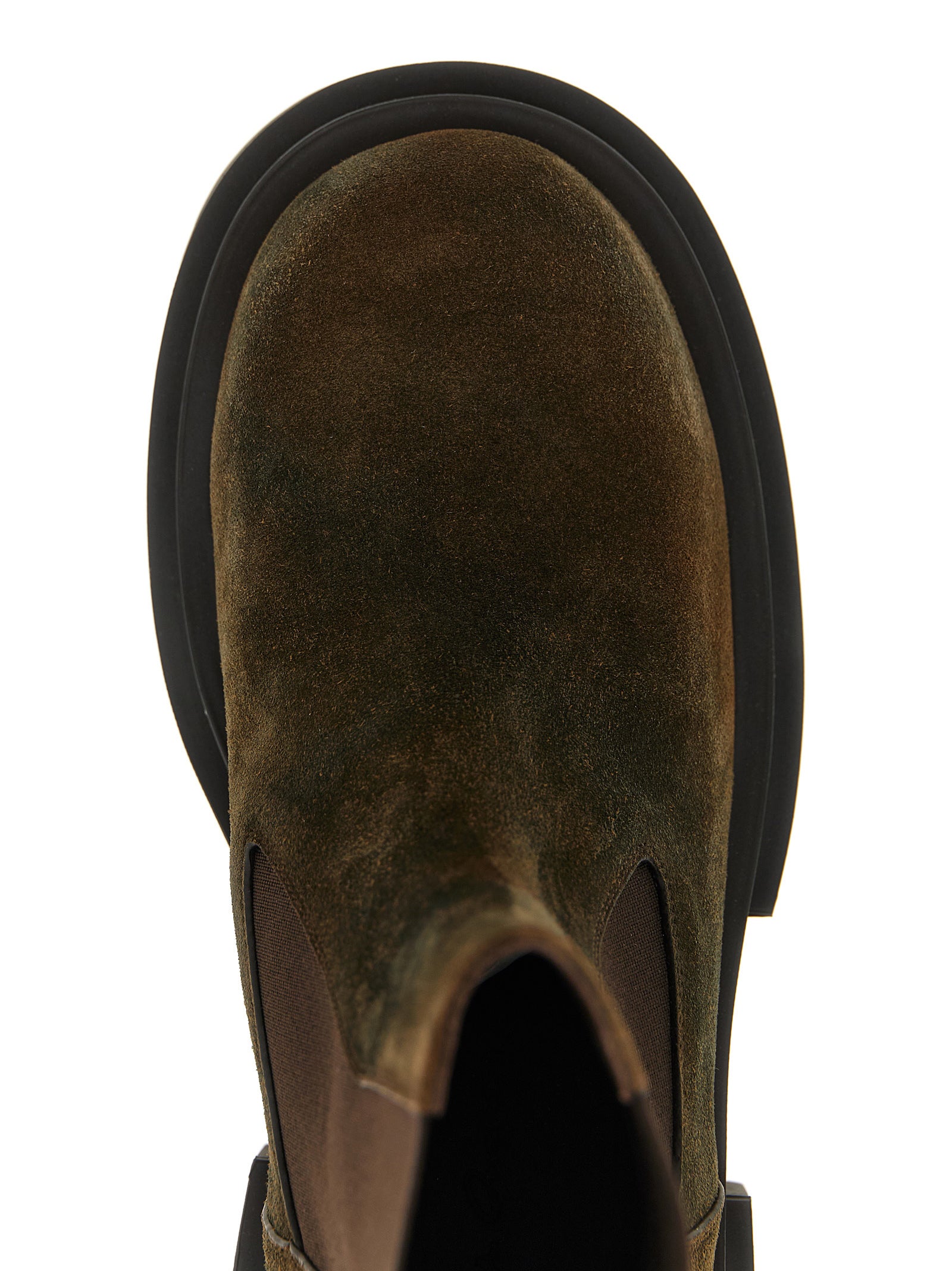 Platform Ankle Chelsea Strap Boots by Rick Owens for women in suede leather & fur brown showcases a ergonomic silhouette from the Women's Suede Leather & Fur Platform Ankle Chelsea Strap Boots collection, featuring a ergonomic platform and a ergonomic .