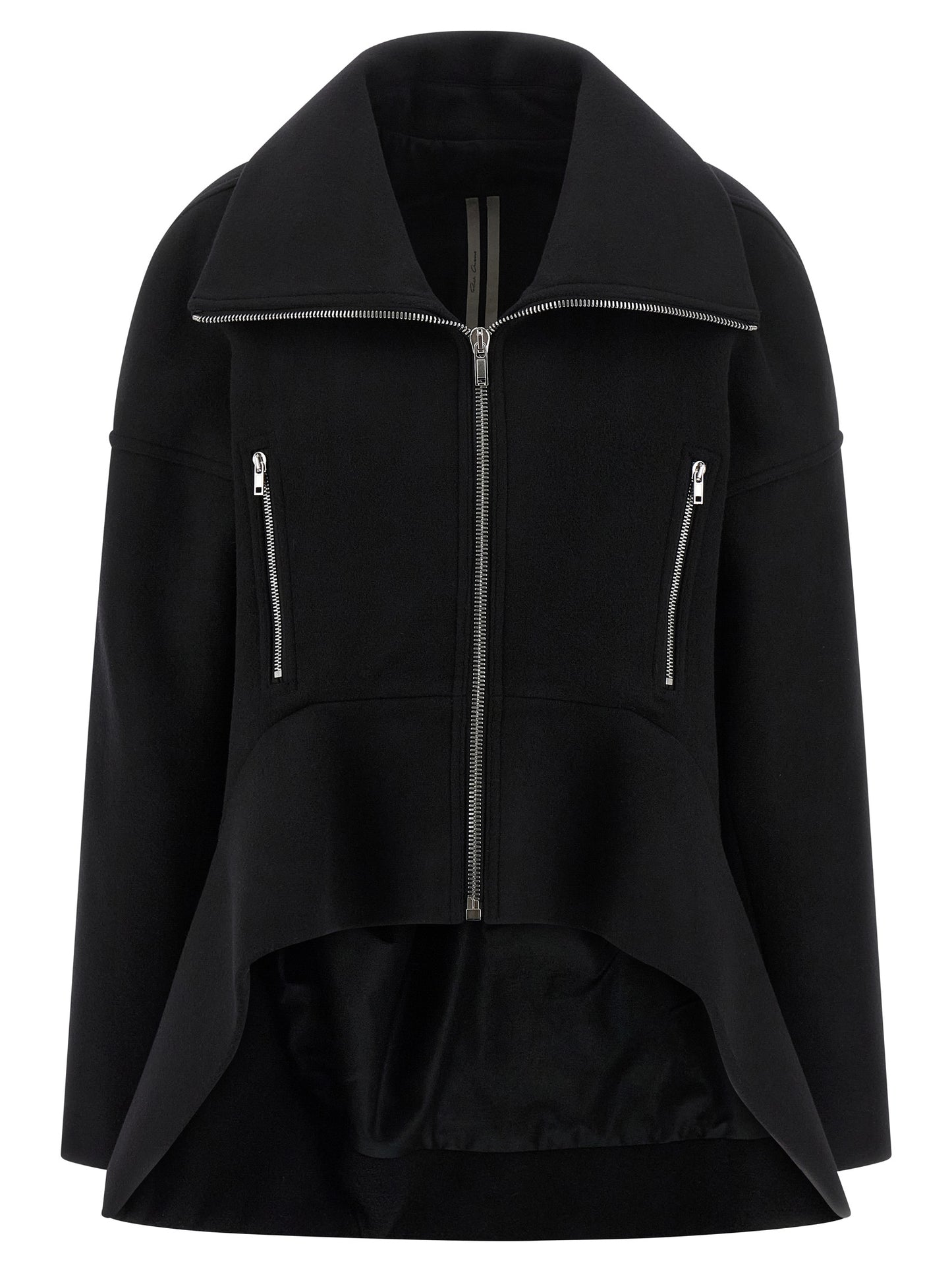 Overcoat by Rick Owens for women in virgin wool black features a cosy chic silhouette, artfully detailed with a sophisticated high-neck neckline and premium pockets for a cosy chic finish.