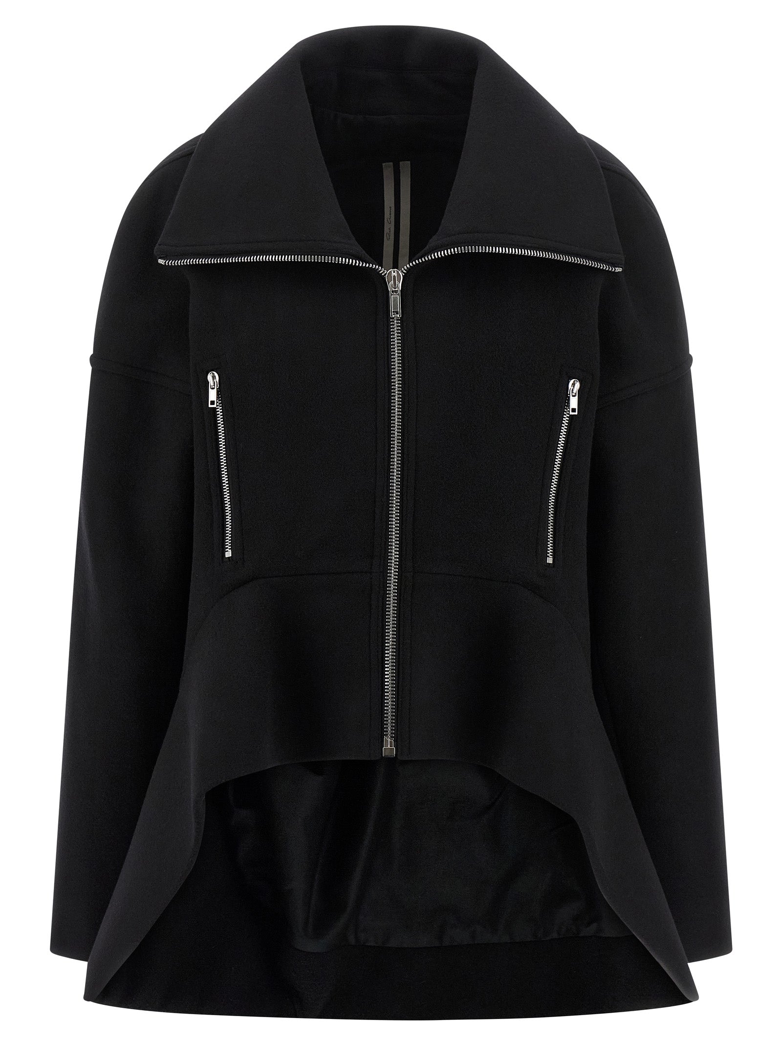 Overcoat by Rick Owens for women in virgin wool black features a cosy chic silhouette, artfully detailed with a sophisticated high-neck neckline and premium pockets for a cosy chic finish.