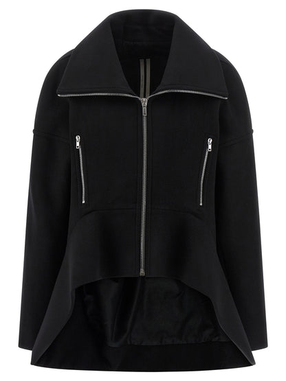 Overcoat by Rick Owens for women in virgin wool black features a cosy chic silhouette, artfully detailed with a sophisticated high-neck neckline and premium pockets for a cosy chic finish.