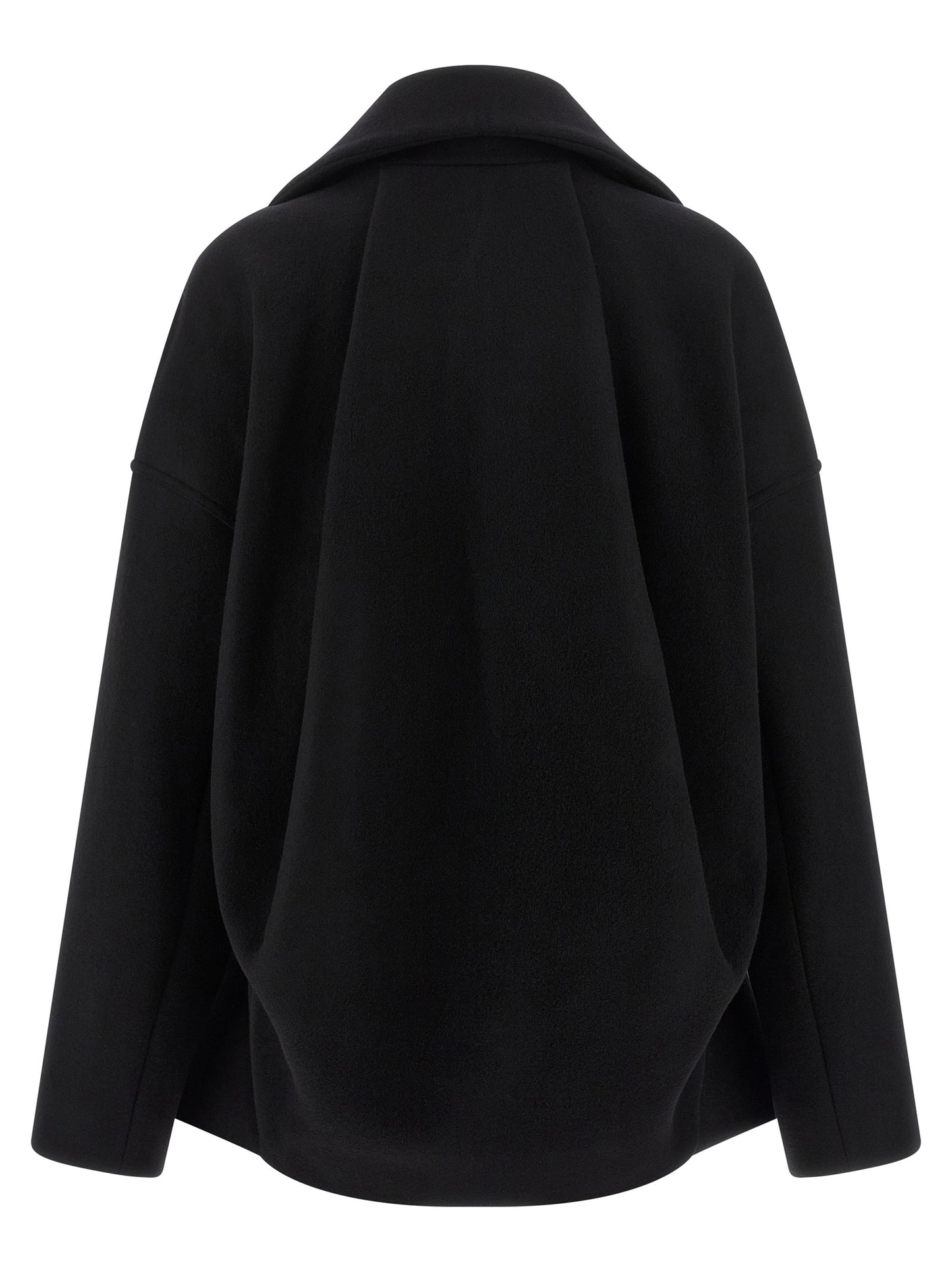 Overcoat by Rick Owens for women in virgin wool black showcases a architectural silhouette, artfully detailed with a distinctive high-neck neckline and functional pockets for a architectural finish.