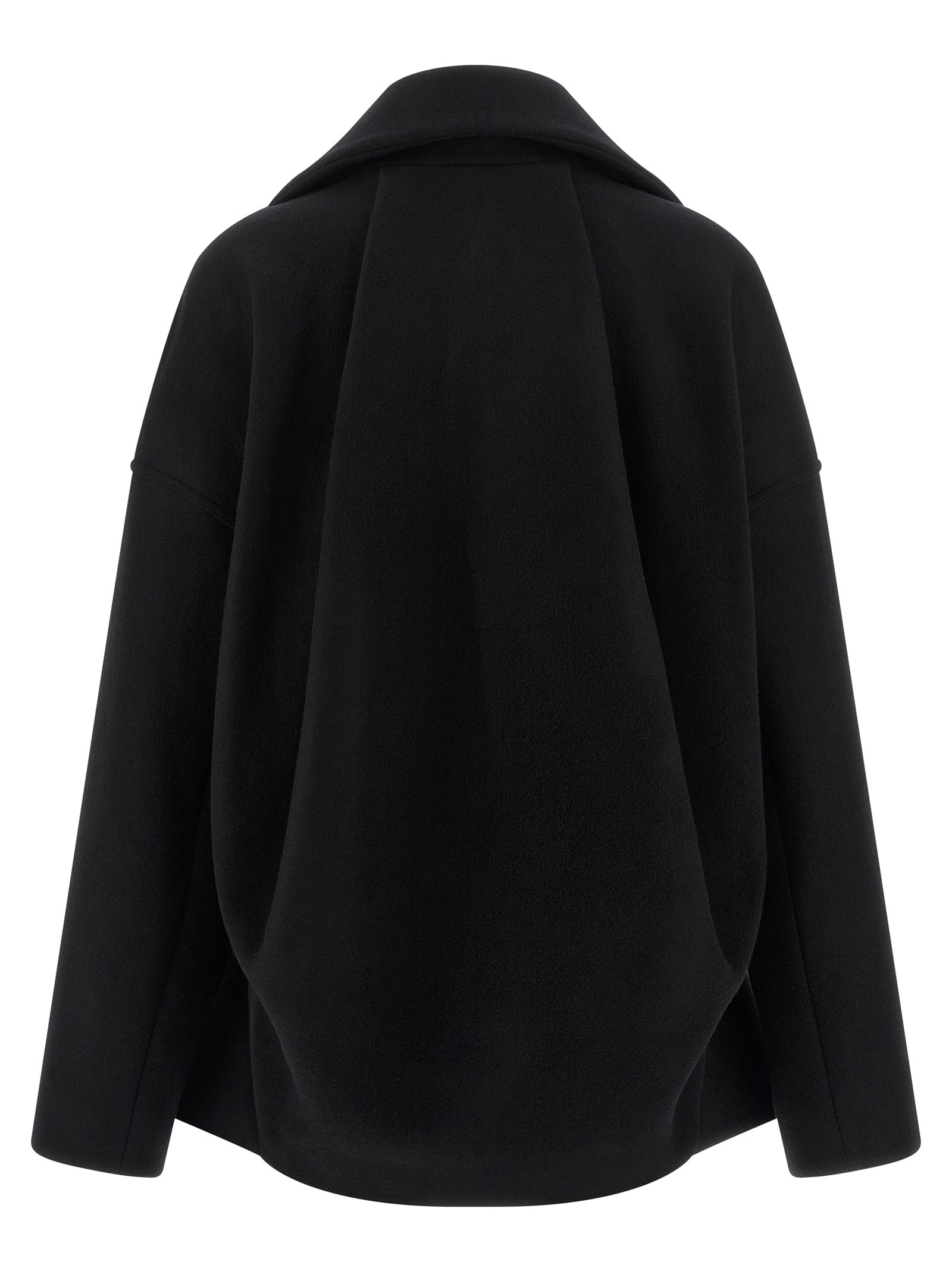 Overcoat by Rick Owens for women in virgin wool black showcases a architectural silhouette, artfully detailed with a distinctive high-neck neckline and functional pockets for a architectural finish.