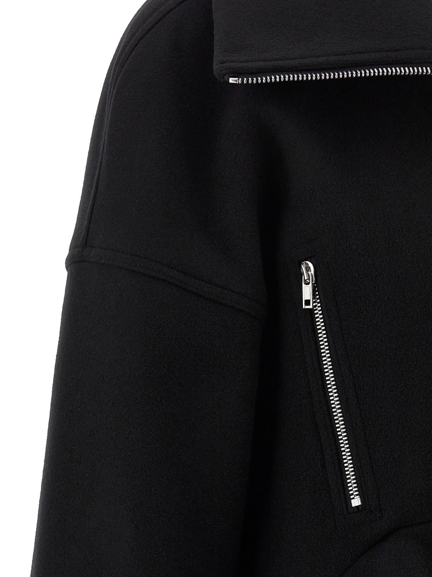 Overcoat by Rick Owens for women in virgin wool black features an satoral silhouette, showcasing a sophisticated and satoral pockets for a premium, timeless look.