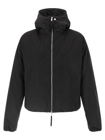 Hooded Windbreaker Jacket by Thom Krom for men in polyamide polyester viscose & cotton black & peach features an magnificent silhouette, showcasing the sophisticated hooded high-neck neckline and functional hooded & windproof for a premium, magnificent look.