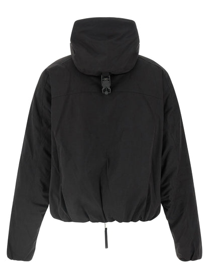 Hooded Windbreaker Jacket by Thom Krom for men in polyamide polyester viscose & cotton black & peach showcases a modern silhouette, integrating hooded & windproof and a modern hooded high-neck neckline for a sophisticated finish.