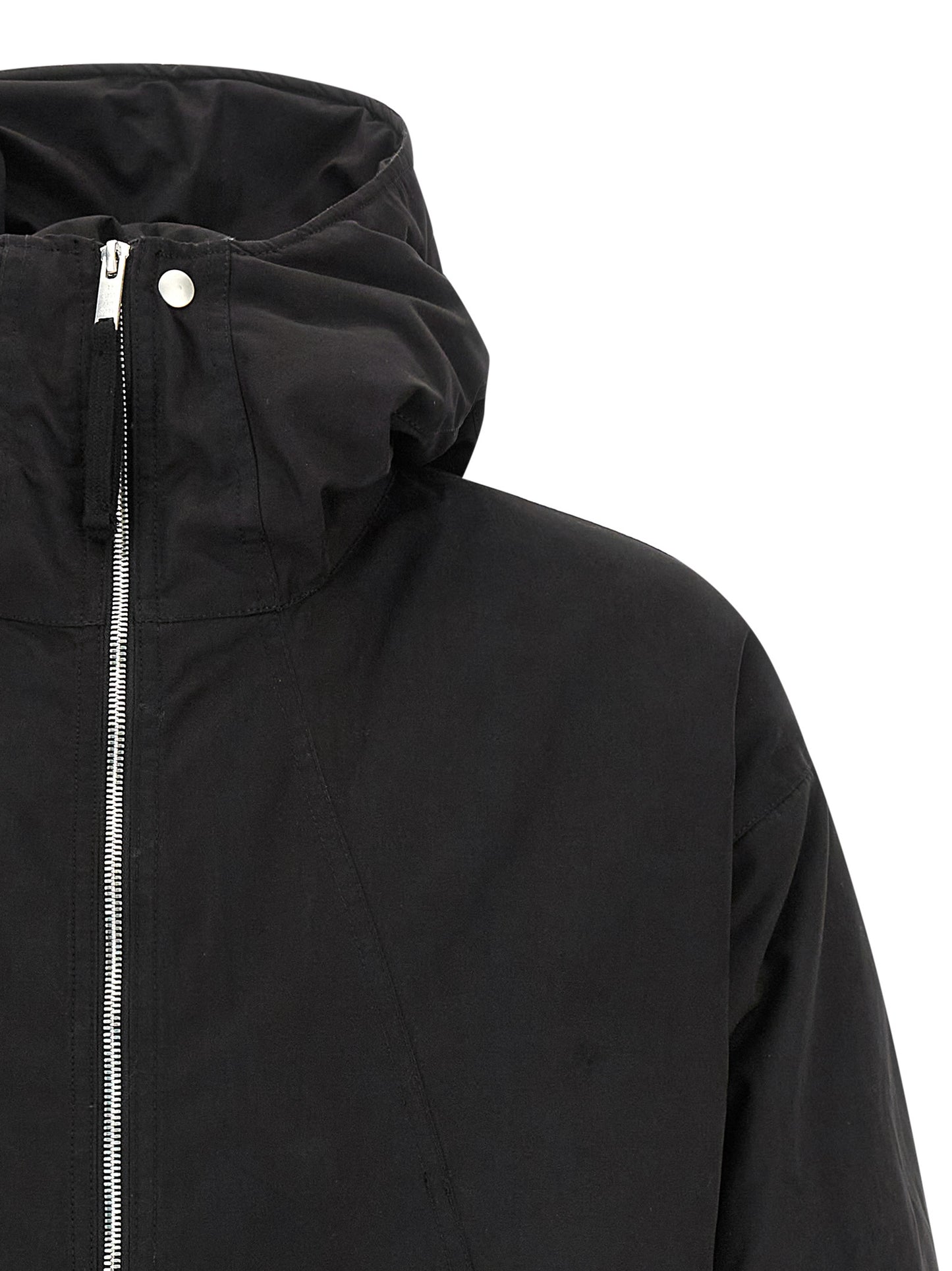 Hooded Windbreaker Jacket by Thom Krom for men in polyamide polyester viscose & cotton black & peach features an enduring silhouette, showcasing technical hooded & windproof and a sophisticated hooded high-neck neckline for a truly enduring aesthetic.