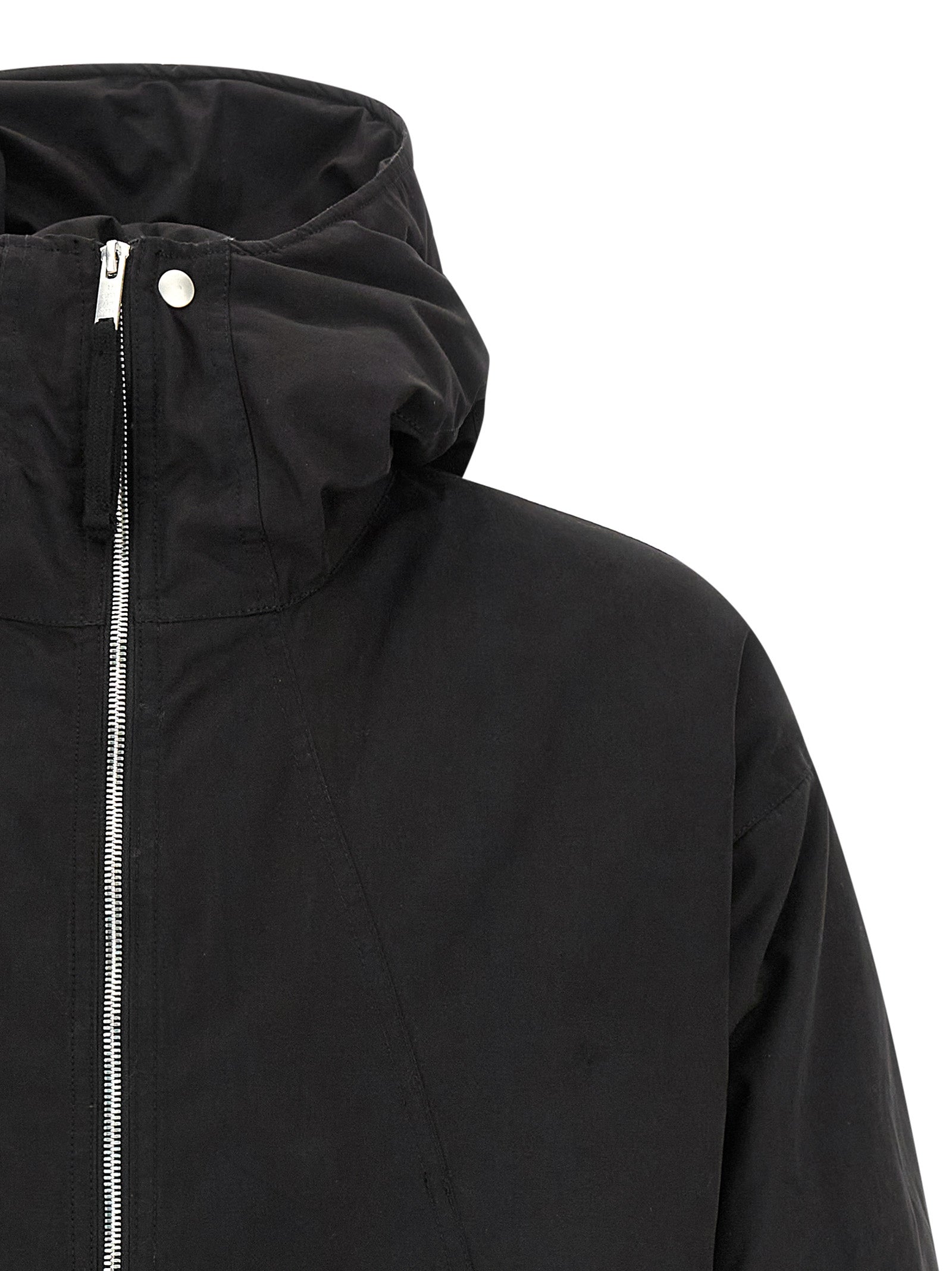 Hooded Windbreaker Jacket by Thom Krom for men in polyamide polyester viscose & cotton black & peach features an enduring silhouette, showcasing technical hooded & windproof and a sophisticated hooded high-neck neckline for a truly enduring aesthetic.