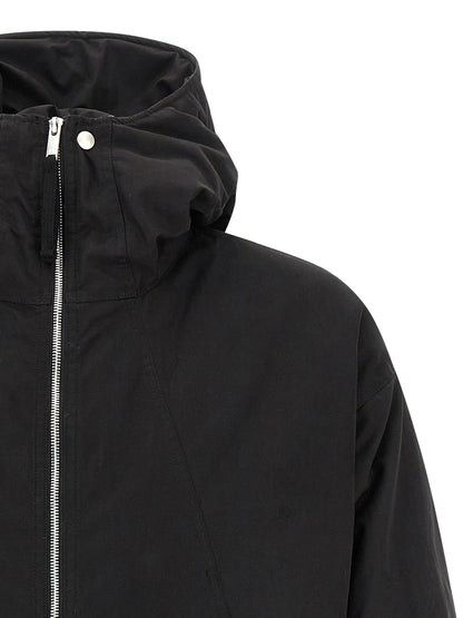 Hooded Windbreaker Jacket by Thom Krom for men in polyamide polyester viscose & cotton black & peach features an enduring silhouette, showcasing technical hooded & windproof and a sophisticated hooded high-neck neckline for a truly enduring aesthetic.