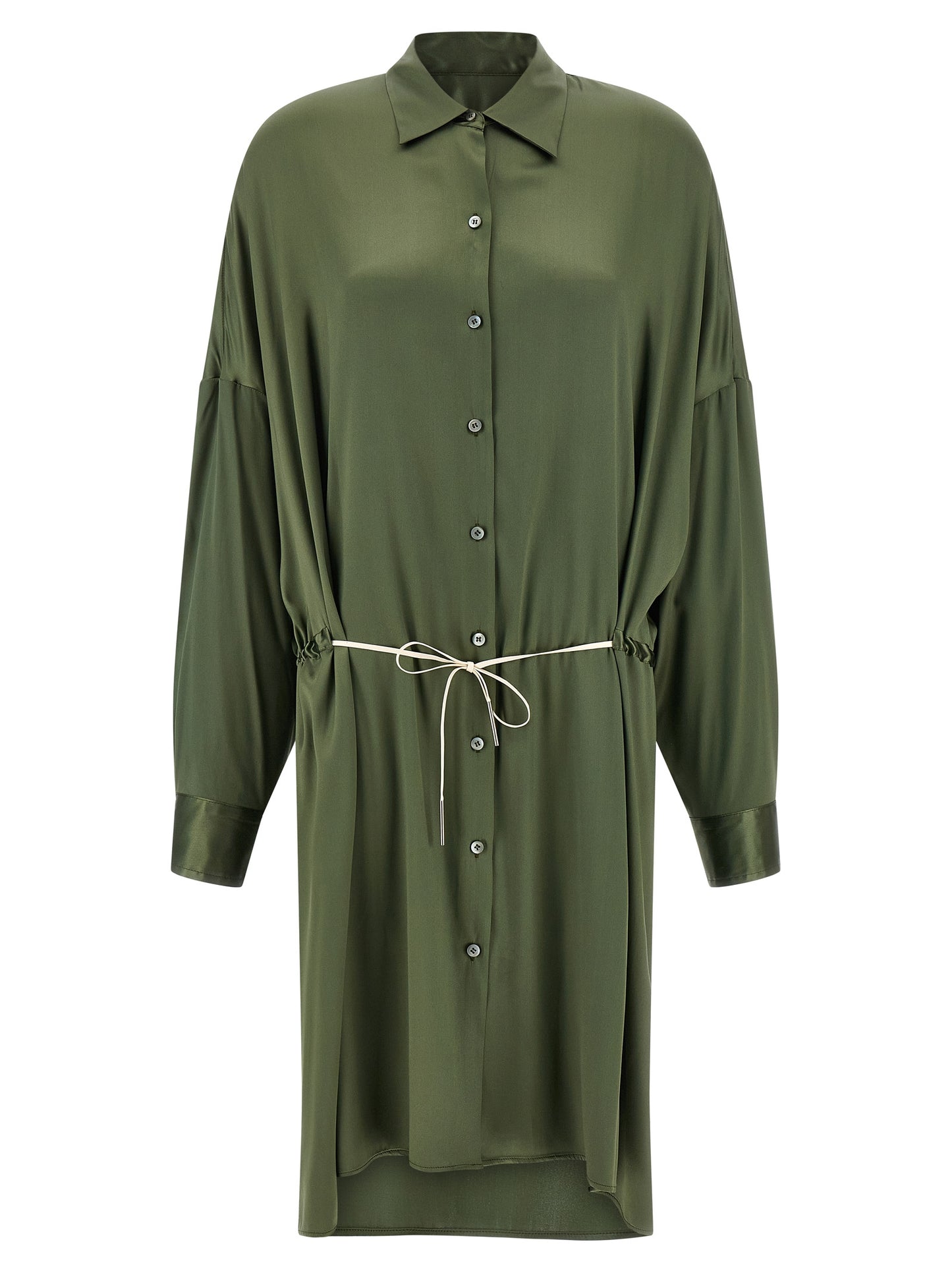 Dress by Dries Van Noten for women in silk satin bicolour & green showcases a striking silhouette, elegantly detailed with a long-sleeve, refined , and a striking midi for a striking finish.