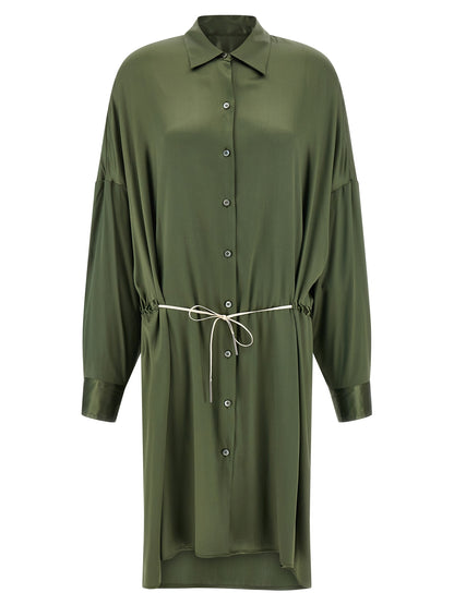 Dress by Dries Van Noten for women in silk satin bicolour & green showcases a striking silhouette, elegantly detailed with a long-sleeve, refined , and a striking midi for a striking finish.