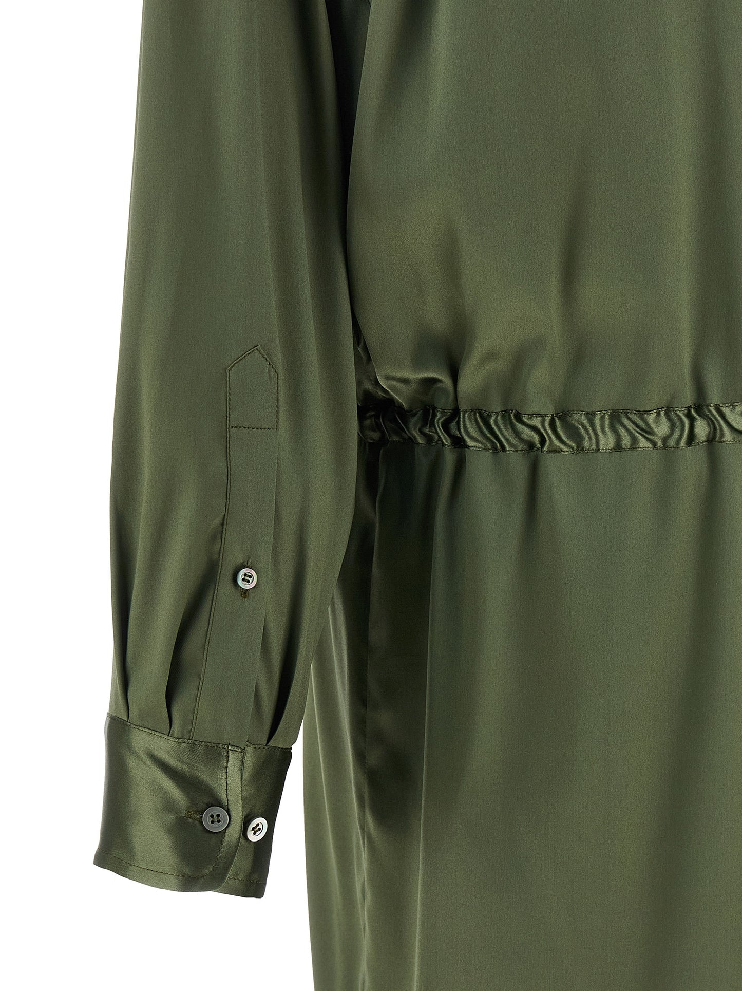 Dress by Dries Van Noten for women in silk satin bicolour & green features a dramatic silhouette, showcasing an elegant and that flows into a dramatic midi.