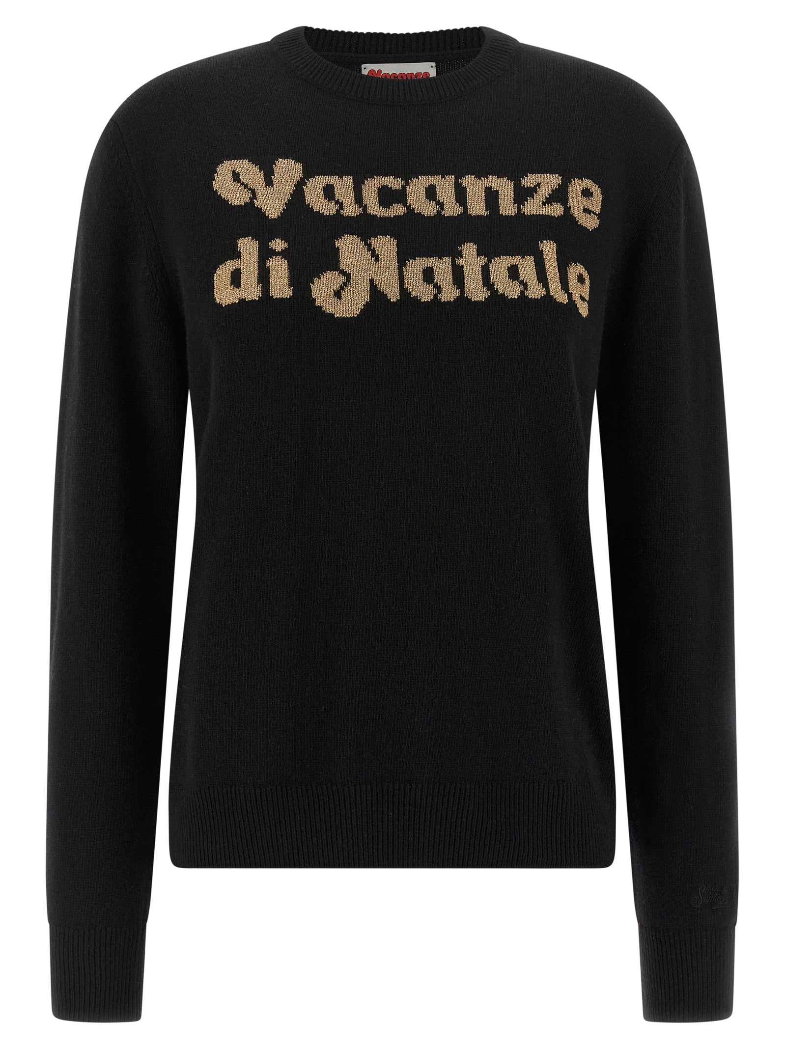Cardigan by MC2 Saint Barth for women in cashmere viscose black, jacquard & signature showcases a luxurious silhouette, meticulously detailed with a sophisticated crew neckline and for a refined finish.