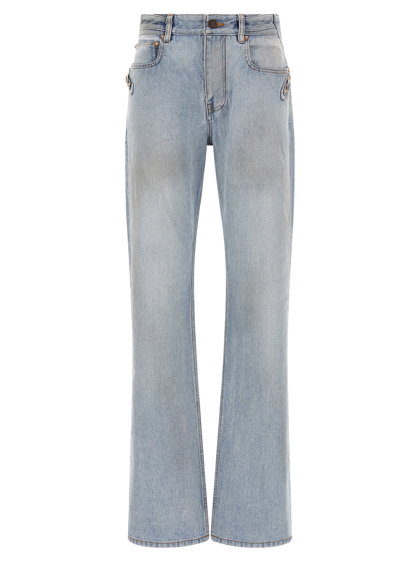 Jeans by Balenciaga for women in denim cotton light-blue & signature features a polished silhouette with a polished straight-leg, reaching a polished long and finished with a polished .