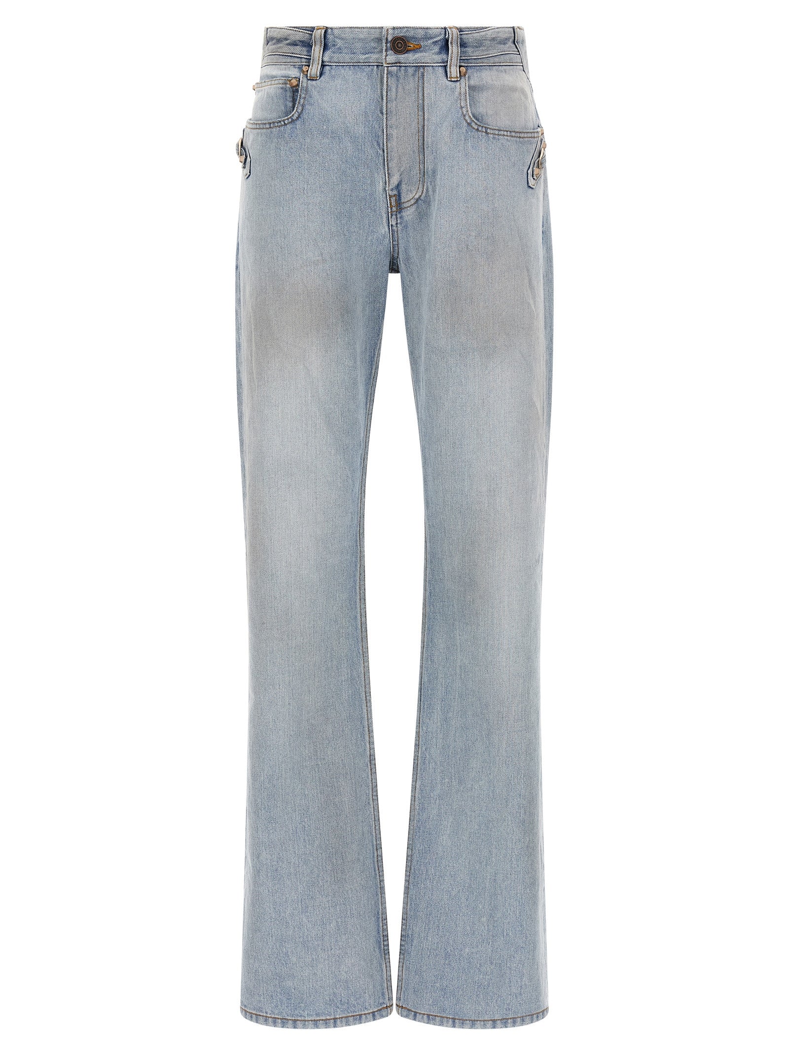 Jeans by Balenciaga for women in denim cotton light-blue & signature features a polished silhouette with a polished straight-leg, reaching a polished long and finished with a polished .