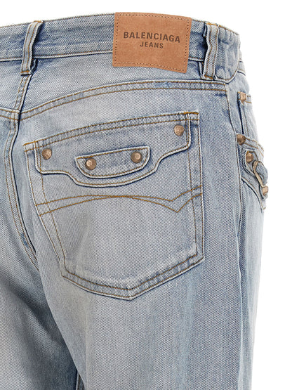 Jeans by Balenciaga for women in denim cotton light-blue & signature features a refined silhouette with a refined straight-leg, defined by a and a refined long for a refined finish.