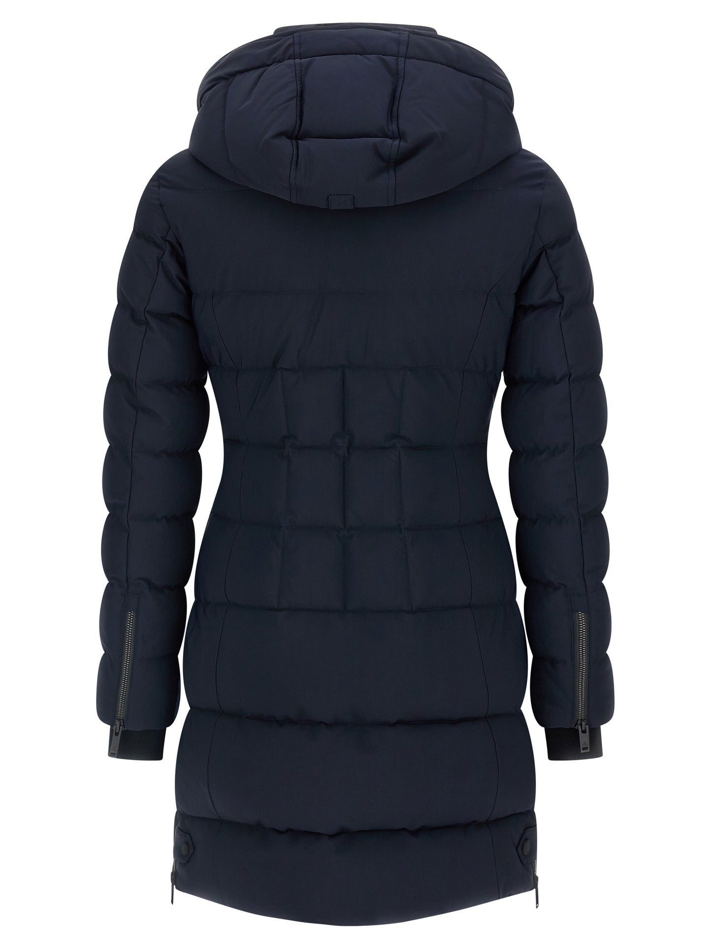 Hooded Parka by Moose Knuckles for women in nylon leather blue features an avant garde silhouette, showcasing refined windproof & hooded and a sophisticated hooded high-neck neckline for a polished look.