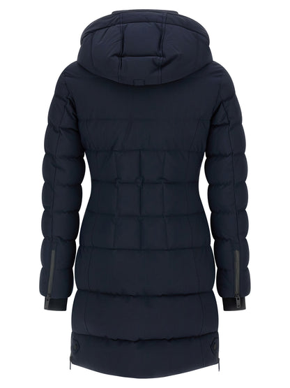 Hooded Parka by Moose Knuckles for women in nylon leather blue features an avant garde silhouette, showcasing refined windproof & hooded and a sophisticated hooded high-neck neckline for a polished look.