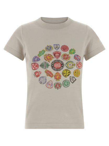 T-Shirt by Balenciaga for women in cotton gray & print showcases a chic silhouette, artfully detailed with a chic crew neckline and short-sleeve for a chic finish.