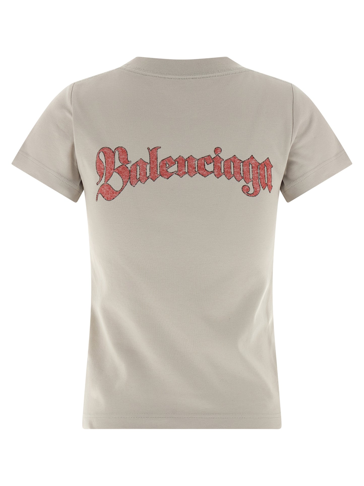 T-Shirt by Balenciaga for women in cotton gray & print showcases a fashionable silhouette, elegantly detailed with a fashionable and crew neckline for a sophisticated, high-fashion look.