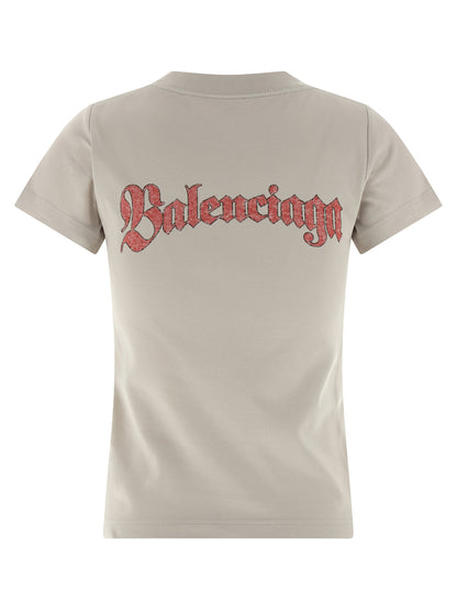 T-Shirt by Balenciaga for women in cotton gray & print showcases a fashionable silhouette, elegantly detailed with a fashionable and crew neckline for a sophisticated, high-fashion look.