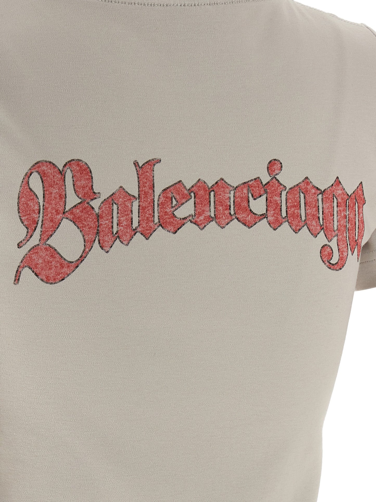 T-Shirt by Balenciaga for women in cotton gray & print showcases a dramatic silhouette, elegantly detailed with a dramatic and for a truly dramatic finish.