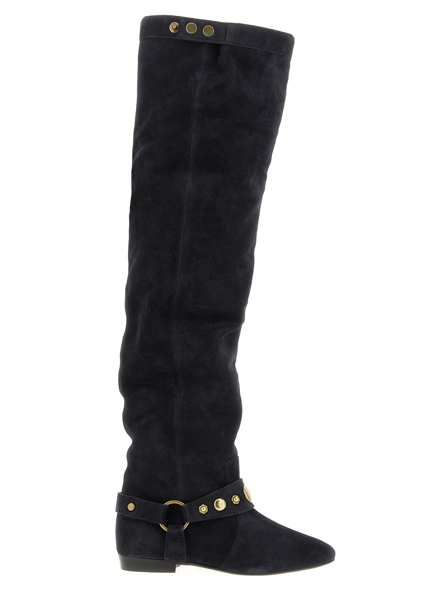 Over-The-Knee Strap Boots by Isabel Marant for women in bos taurus suede calfskin leather black features an avant-garde Women's Bos Taurus Suede Calfskin Leather Over-The-Knee Strap Boots silhouette, defined by a sophisticated and a avant-garde pointed toe style.