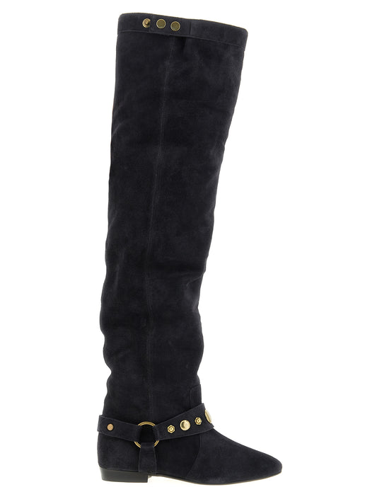 Over-The-Knee Strap Boots by Isabel Marant for women in bos taurus suede calfskin leather black features an avant-garde Women's Bos Taurus Suede Calfskin Leather Over-The-Knee Strap Boots silhouette, defined by a sophisticated and a avant-garde pointed toe style.