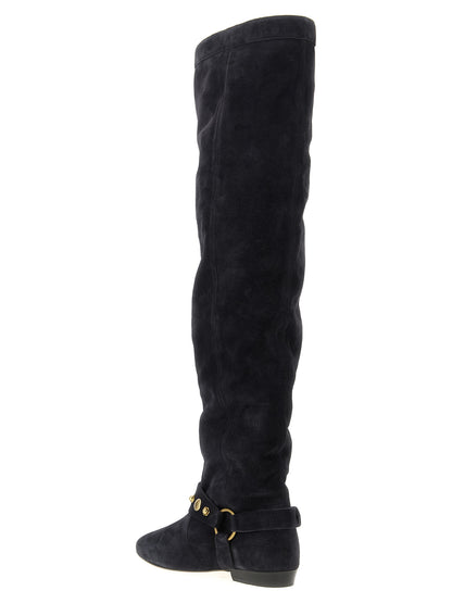 Over-The-Knee Strap Boots by Isabel Marant for women in bos taurus suede calfskin leather black features an enchanting design from the Women's Bos Taurus Suede Calfskin Leather Over-The-Knee Strap Boots collection, highlighting a enchanting and pointed toe style for a refined look.