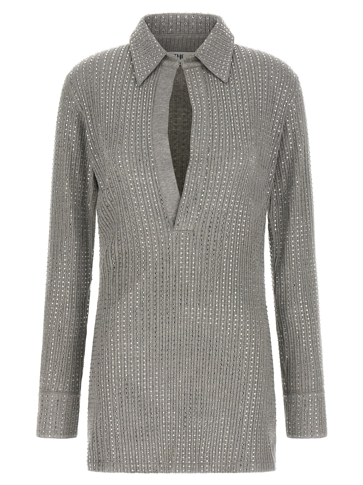 Dress by The Attico for women in cotton & rhinestone gray presents a sinuous silhouette, showcasing a sophisticated v-neck neckline and detailed with a sinuous short mini for a refined finish.