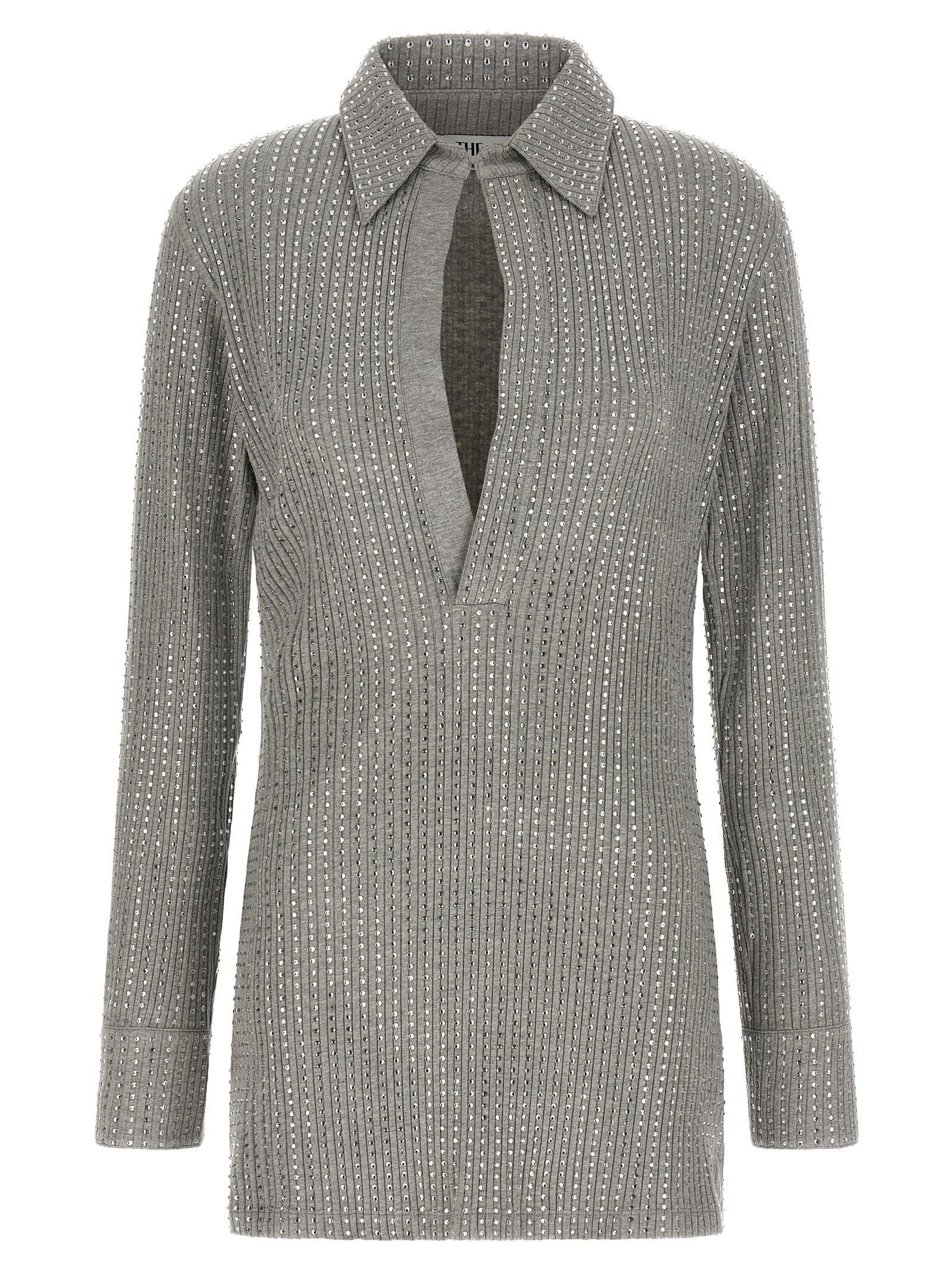 Dress by The Attico for women in cotton & rhinestone gray presents a sinuous silhouette, showcasing a sophisticated v-neck neckline and detailed with a sinuous short mini for a refined finish.