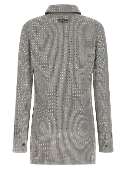 Dress by The Attico for women in cotton & rhinestone gray features an sultry silhouette defined by a v-neck neckline and , falling to an sultry short mini for a sultry look.