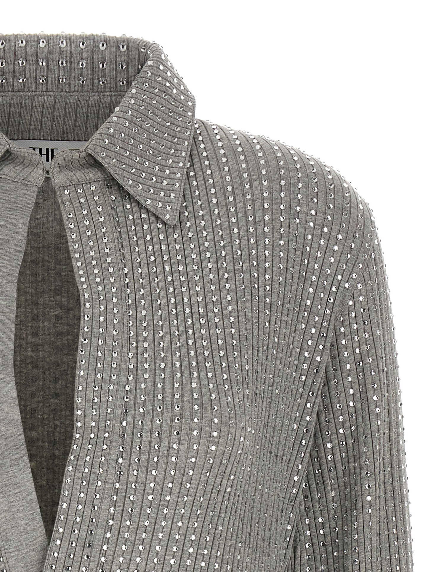 Dress by The Attico for women in cotton & rhinestone gray features a dramatic silhouette, showcasing an elegant v-neck neckline and that flows into a dramatic short mini.