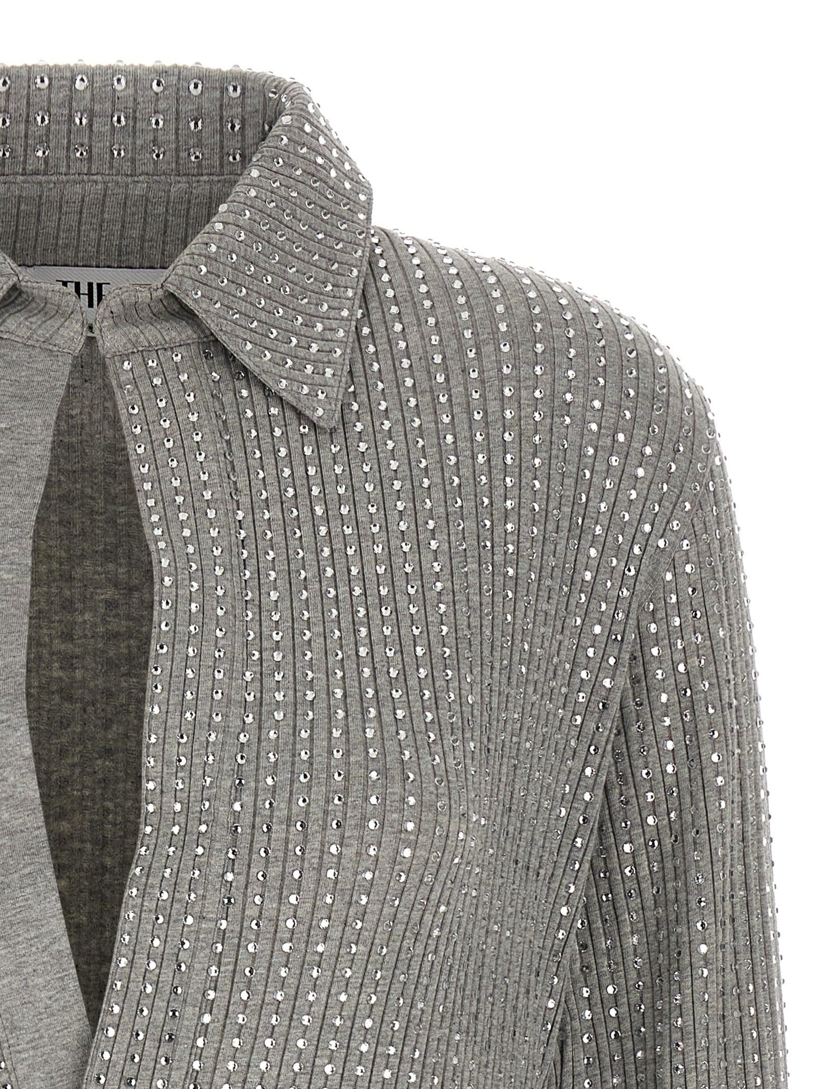 Dress by The Attico for women in cotton & rhinestone gray features a dramatic silhouette, showcasing an elegant v-neck neckline and that flows into a dramatic short mini.