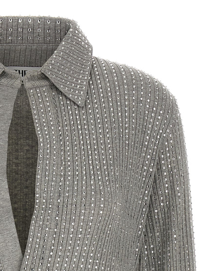 Dress by The Attico for women in cotton & rhinestone gray features a dramatic silhouette, showcasing an elegant v-neck neckline and that flows into a dramatic short mini.
