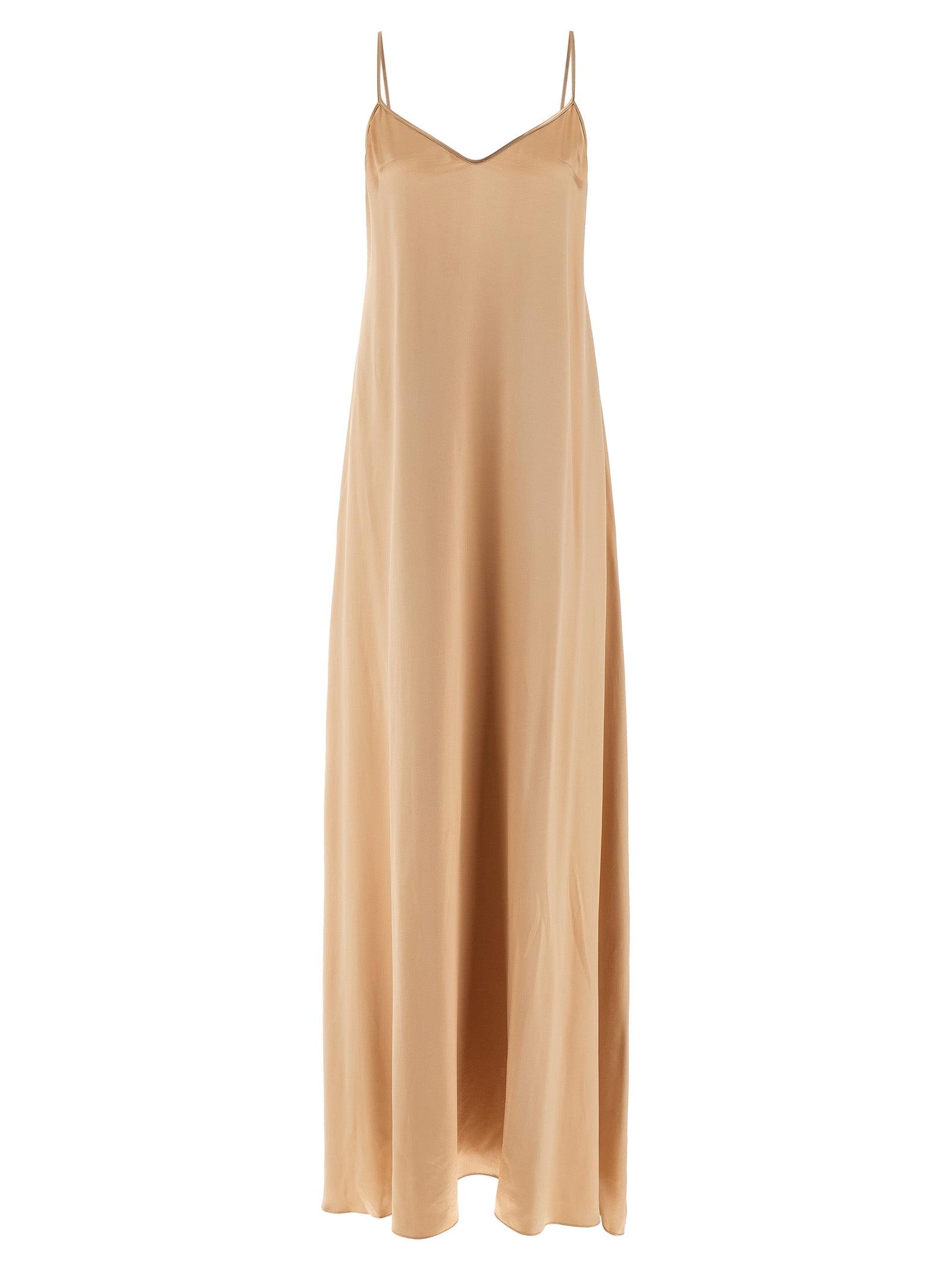 Dress by Ferragamo for women in viscose beige features a dramatic silhouette, showcasing an elegant v-neck neckline and sleeveless that flows into a dramatic long.