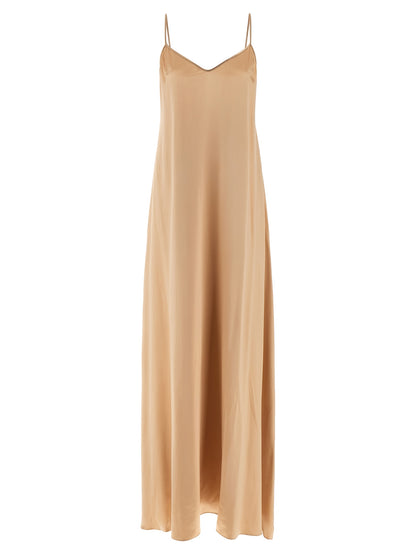 Dress by Ferragamo for women in viscose beige features a dramatic silhouette, showcasing an elegant v-neck neckline and sleeveless that flows into a dramatic long.