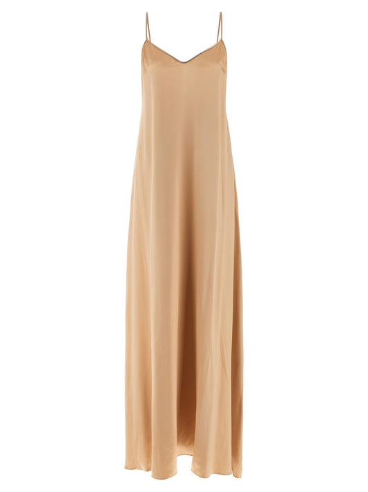 Dress by Ferragamo for women in viscose beige features a dramatic silhouette, showcasing an elegant v-neck neckline and sleeveless that flows into a dramatic long.