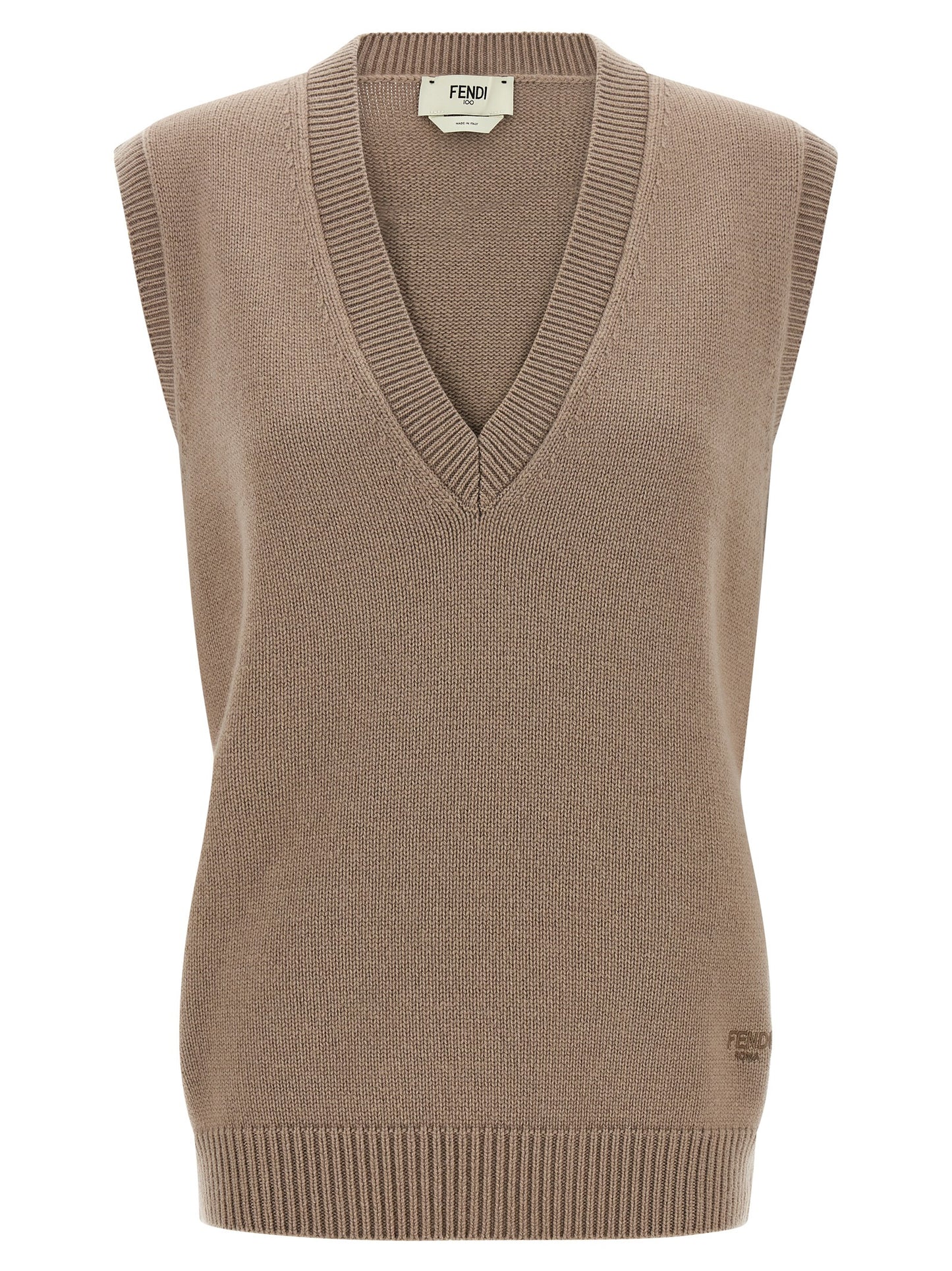 Vest by Fendi for women in cashmere beige showcases a dynamic silhouette, perfectly balancing with a dynamic v-neck neckline for a sophisticated, high-fashion look.