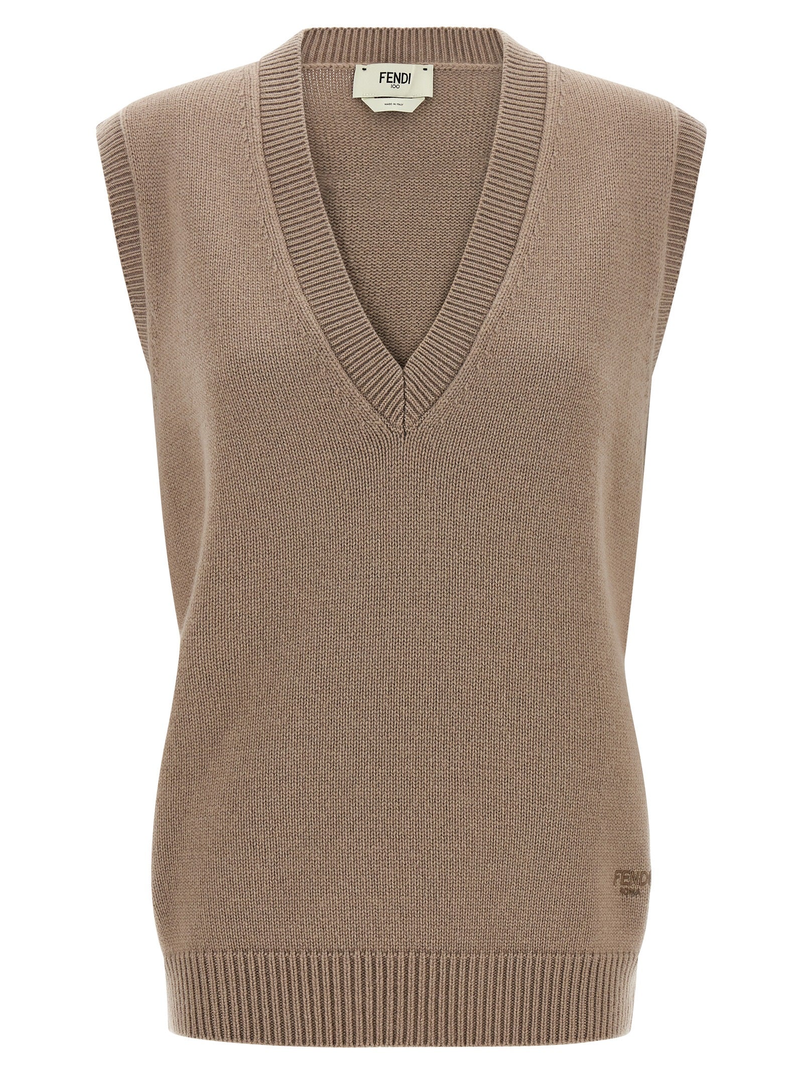 Vest by Fendi for women in cashmere beige showcases a dynamic silhouette, perfectly balancing with a dynamic v-neck neckline for a sophisticated, high-fashion look.