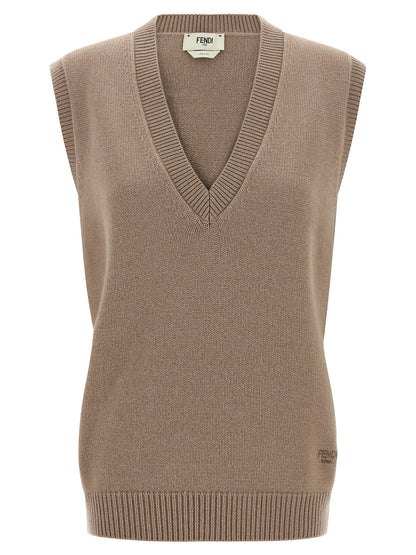 Vest by Fendi for women in cashmere beige showcases a dynamic silhouette, perfectly balancing with a dynamic v-neck neckline for a sophisticated, high-fashion look.