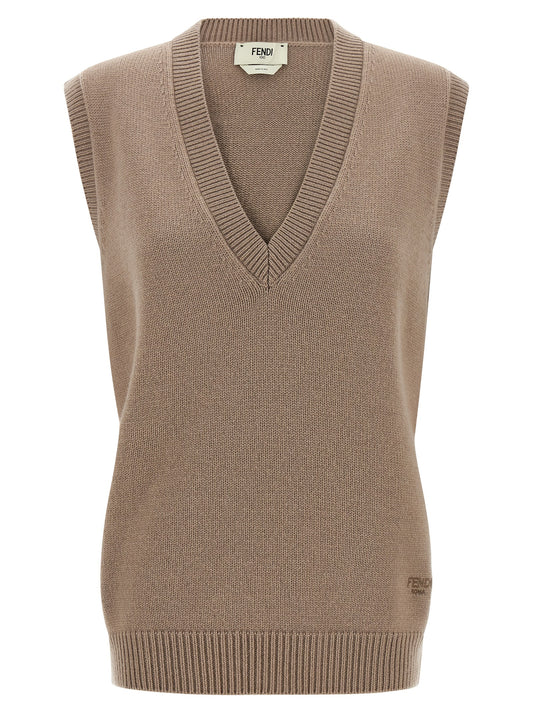 Vest by Fendi for women in cashmere beige showcases a dynamic silhouette, perfectly balancing with a dynamic v-neck neckline for a sophisticated, high-fashion look.