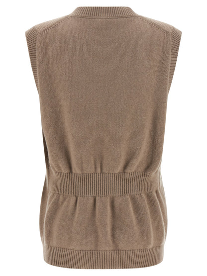 Vest by Fendi for women in cashmere beige features an contemporary silhouette, showcasing refined and a contemporary v-neck neckline for a sophisticated layered look.