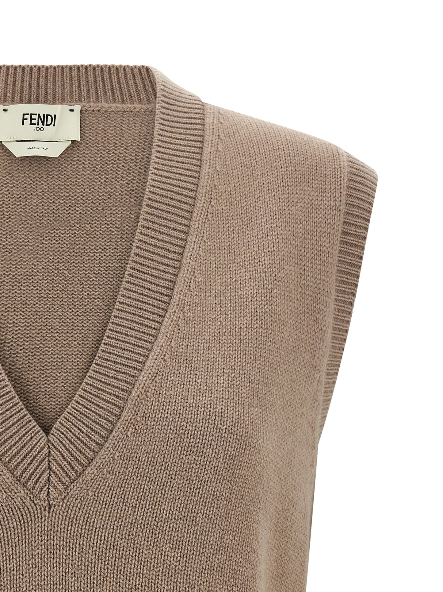 Vest by Fendi for women in cashmere beige showcases a utilitarian silhouette, artfully incorporating and a utilitarian v-neck neckline for a truly utilitarian finish.