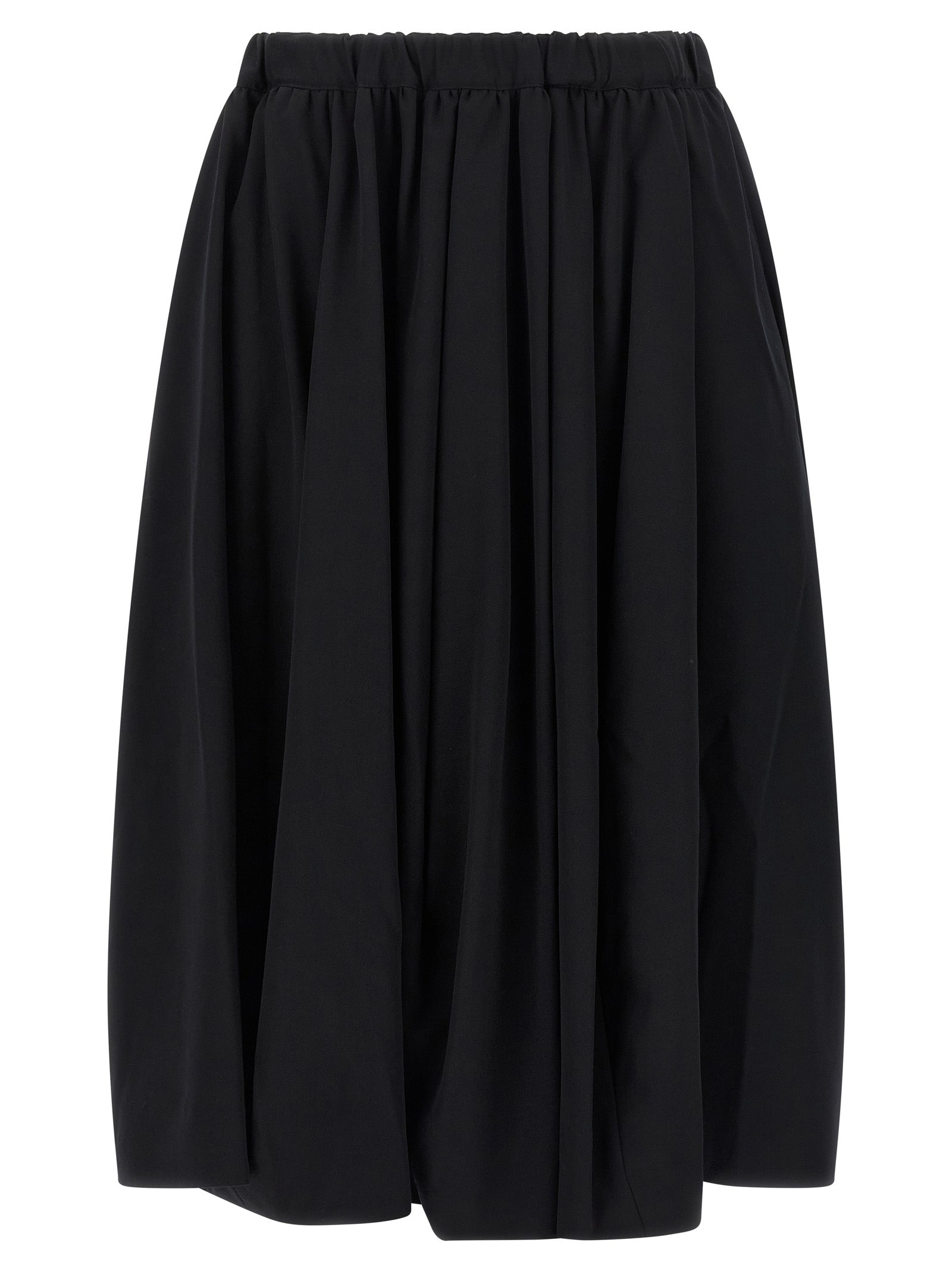 Skirt by Comme Des Garçons for women in wool black features a contoured silhouette from the Women's Wool Maxi Mini Skirt collection, characterized by its contoured maxi mini for a contoured finish.