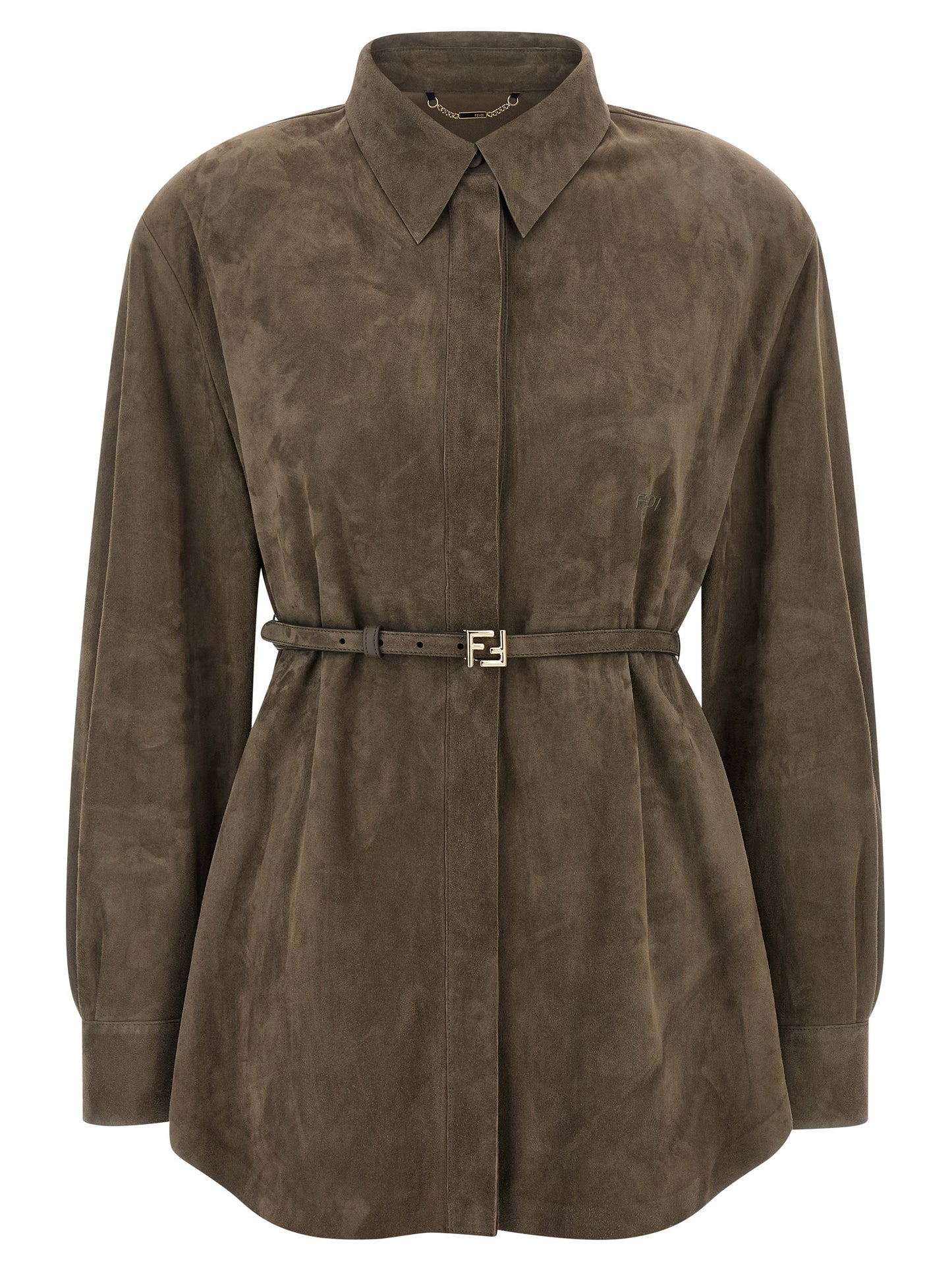 Blouse by Fendi for women in suede lamb leather gray showcases a sleek silhouette, elegantly detailed with a sleek and long-sleeve for a sleek finish.