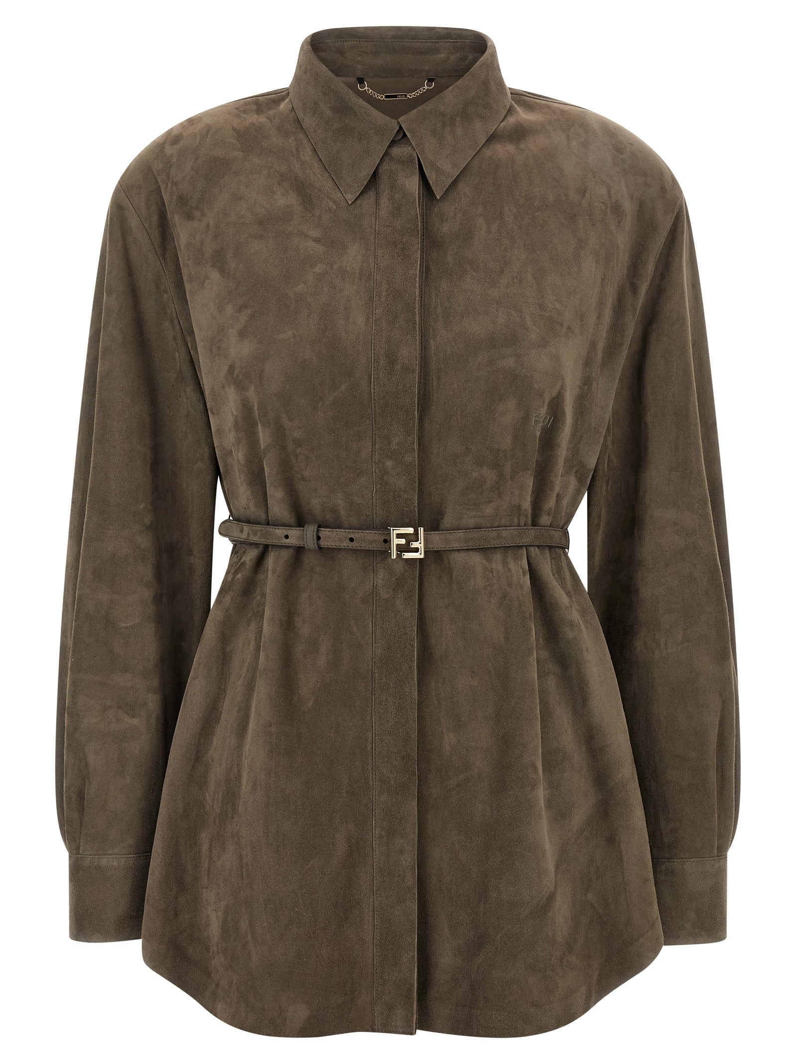 Blouse by Fendi for women in suede lamb leather gray showcases a sleek silhouette, elegantly detailed with a sleek and long-sleeve for a sleek finish.