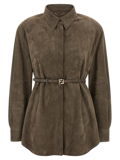 Blouse by Fendi for women in suede lamb leather gray showcases a sleek silhouette, elegantly detailed with a sleek and long-sleeve for a sleek finish.